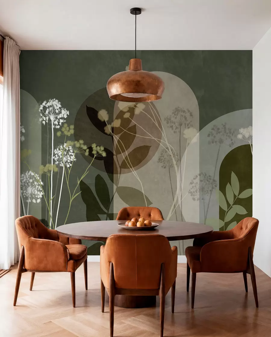 Fototapet En botanisk och minimalistisk komposition av torkade blommor och blad med abstrakt geometri w09906v2