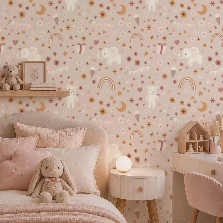 Fototapet Barnmönster med elefant, regnbåge och blommor a00433