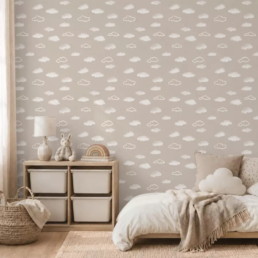 Fototapet Mjuka vita moln mot en varm beige bakgrund a00442