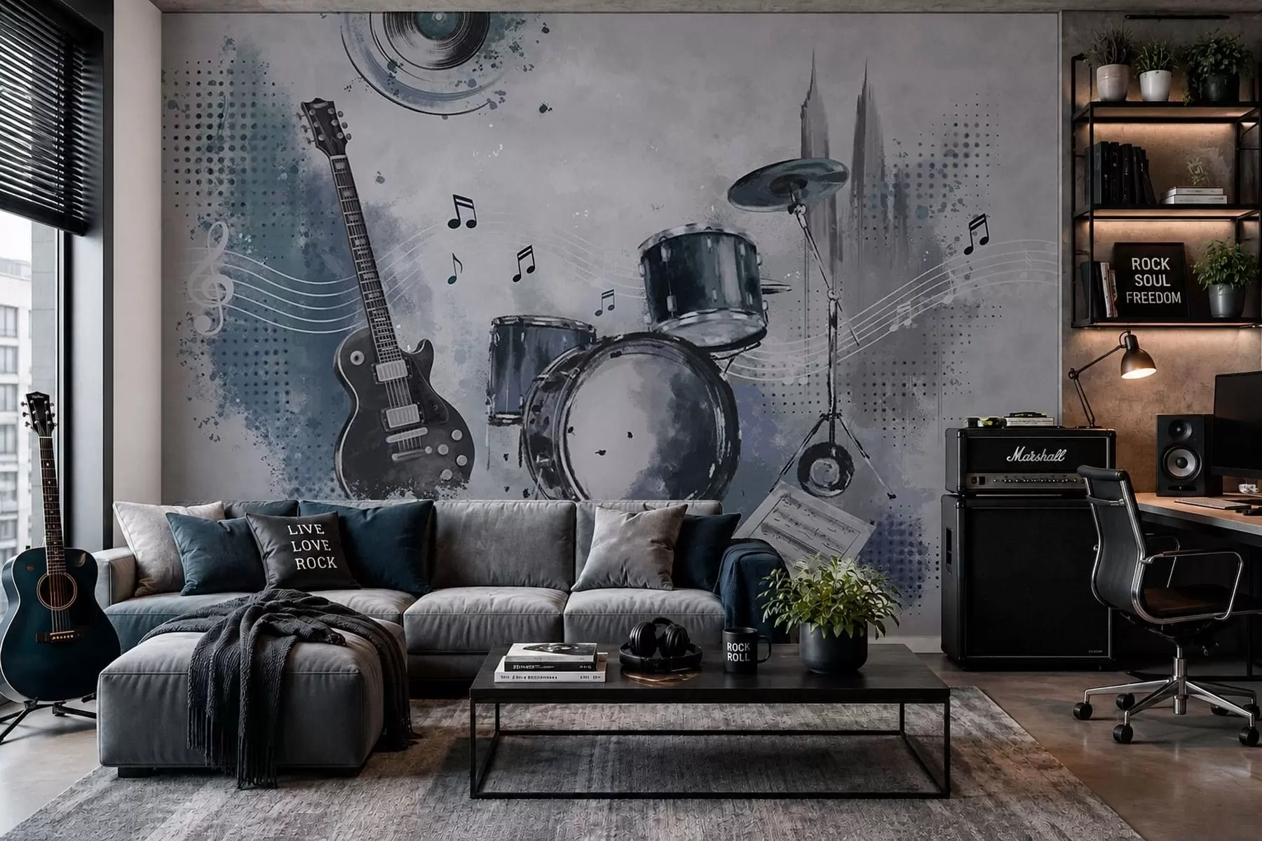 Fototapet Gitarr och trumset med noter w05546