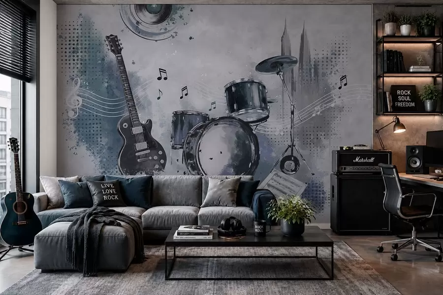 Fototapet Gitarr och trumset med noter w05546