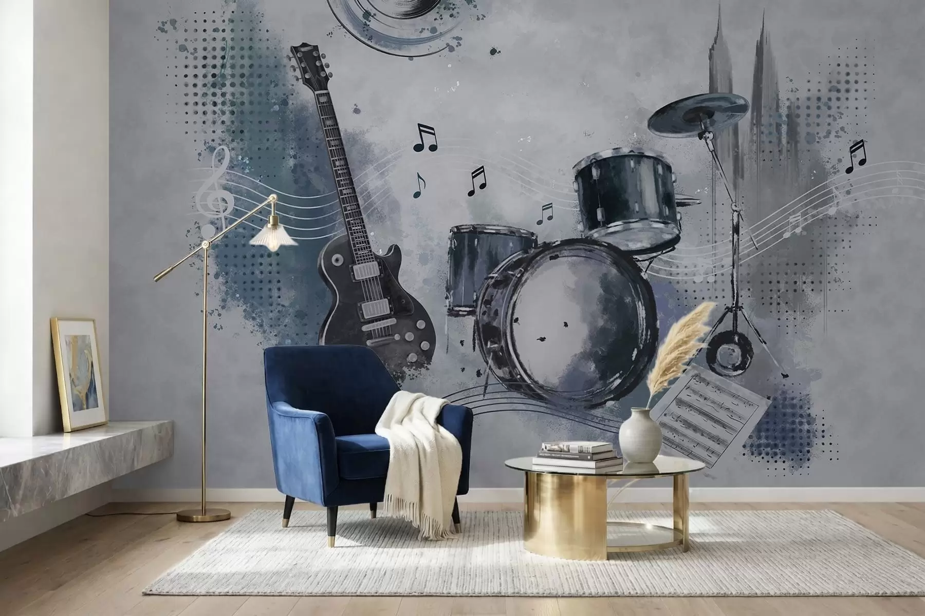 Fototapet Gitarr och trumset med noter w05546