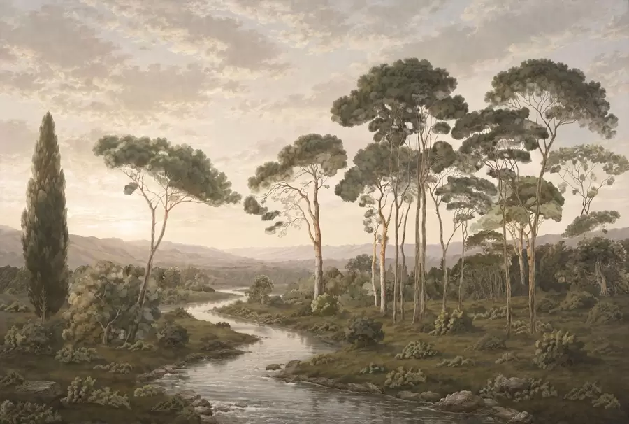 Fototapet Landskap med flod, träd och kullar i fjärran w05696