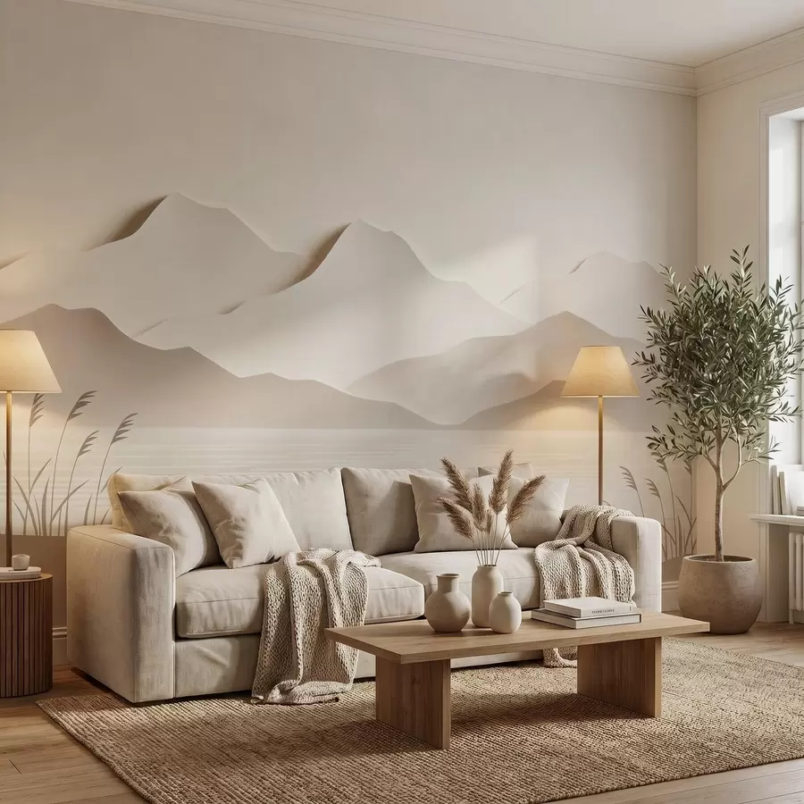 Fototapet Ett bergslandskap i flera lager ovanför en stilla sjö i en varm beige färgskala w09876