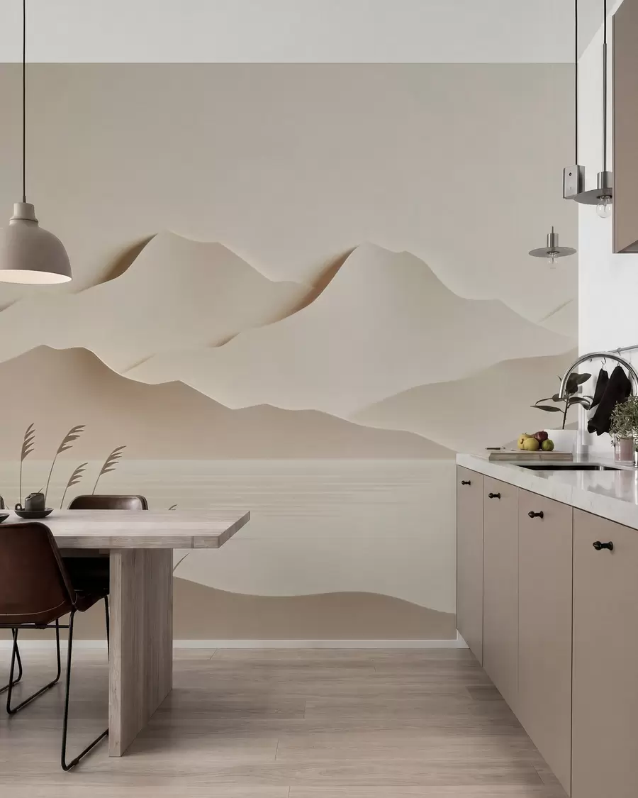 Fototapet Ett bergslandskap i flera lager ovanför en stilla sjö i en varm beige färgskala w09876