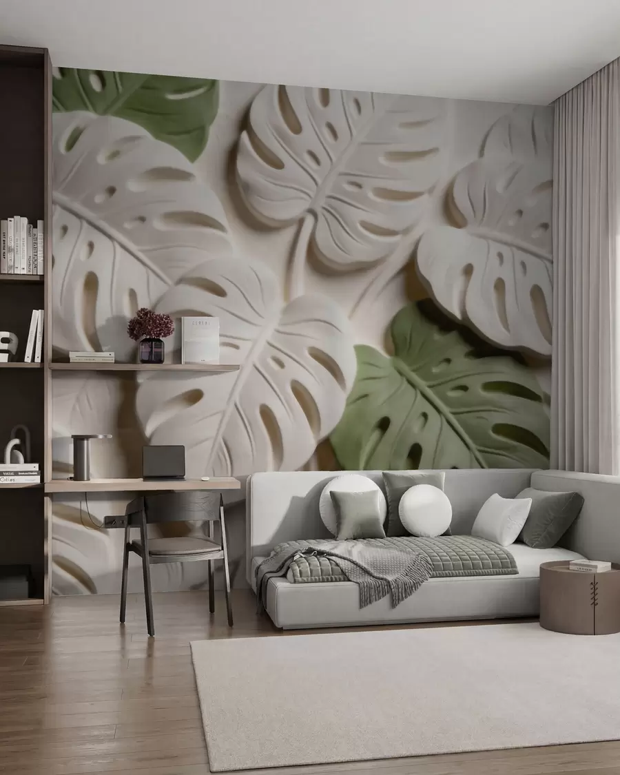Fototapet Präglad botanisk monstera-bladmönster i kräm- och gröna nyanser w09883