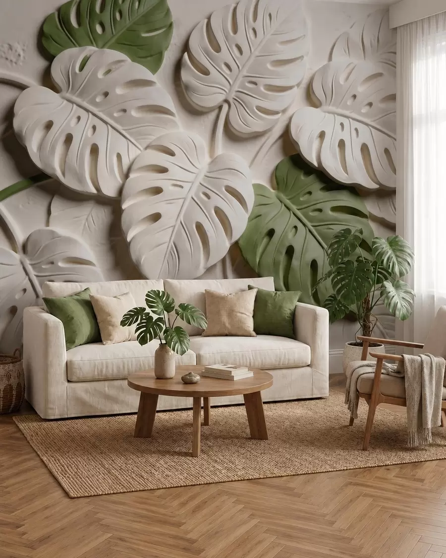 Fototapet Präglad botanisk monstera-bladmönster i kräm- och gröna nyanser w09883
