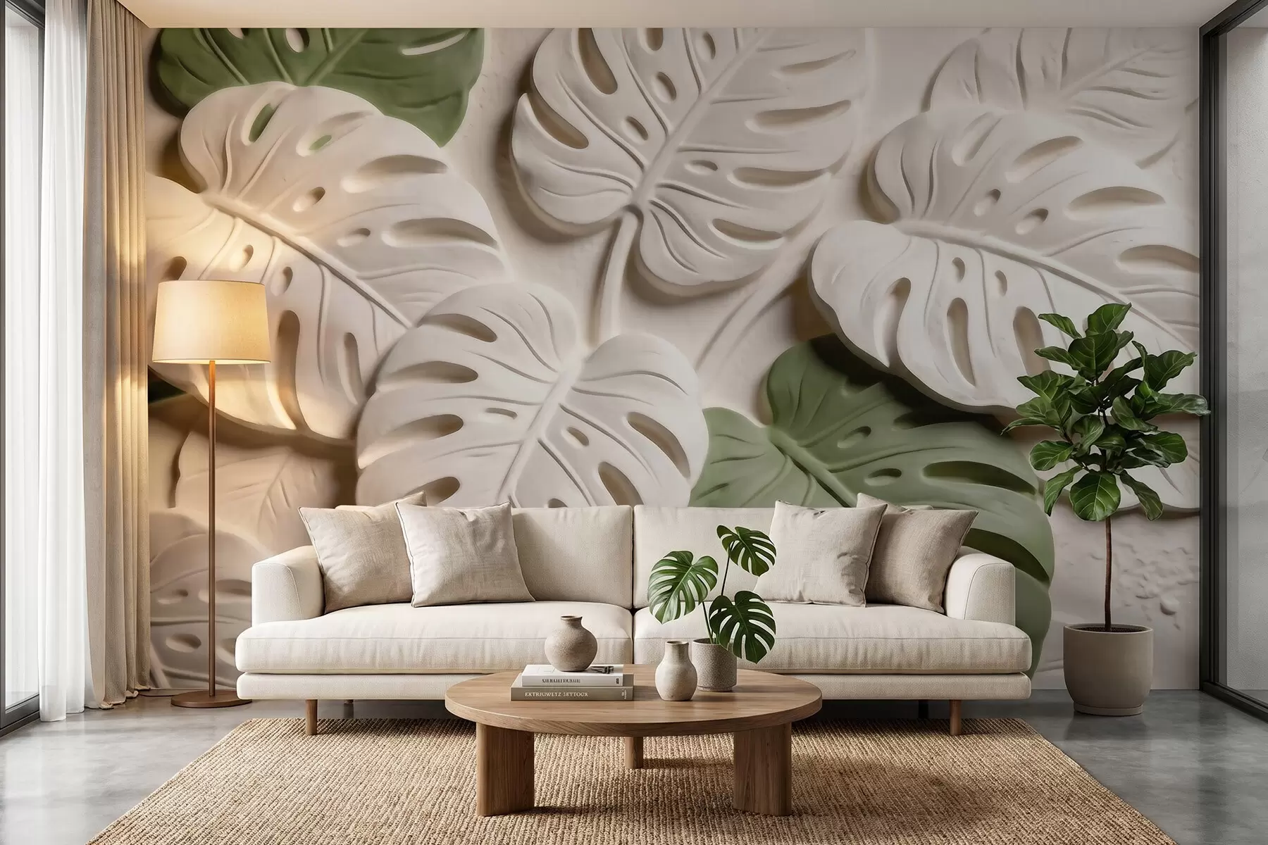 Fototapet Präglad botanisk monstera-bladmönster i kräm- och gröna nyanser w09883
