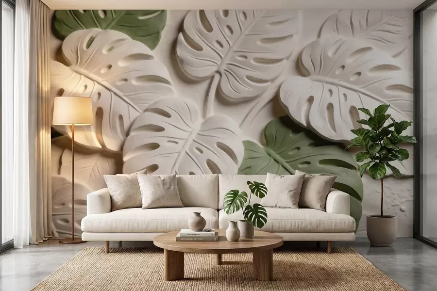 Fototapet Präglad botanisk monstera-bladmönster i kräm- och gröna nyanser w09883