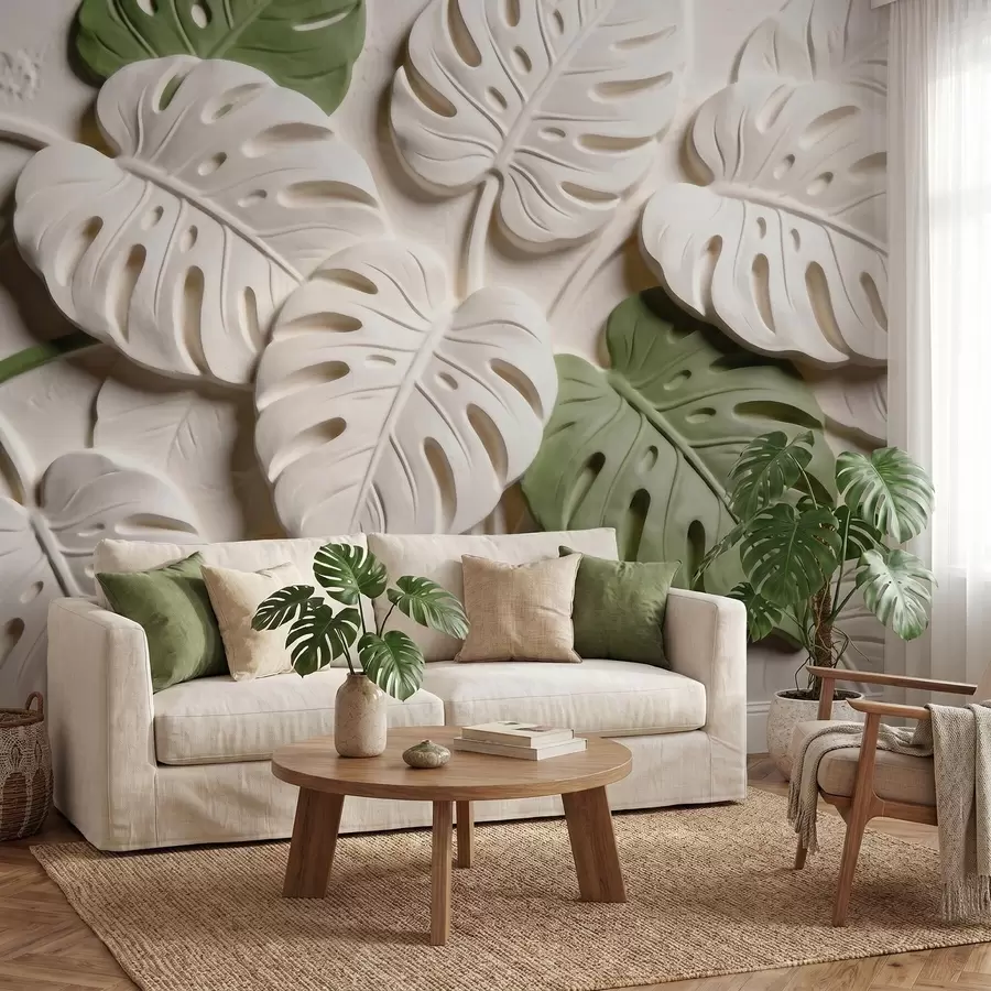 Fototapet Präglad botanisk monstera-bladmönster i kräm- och gröna nyanser w09883
