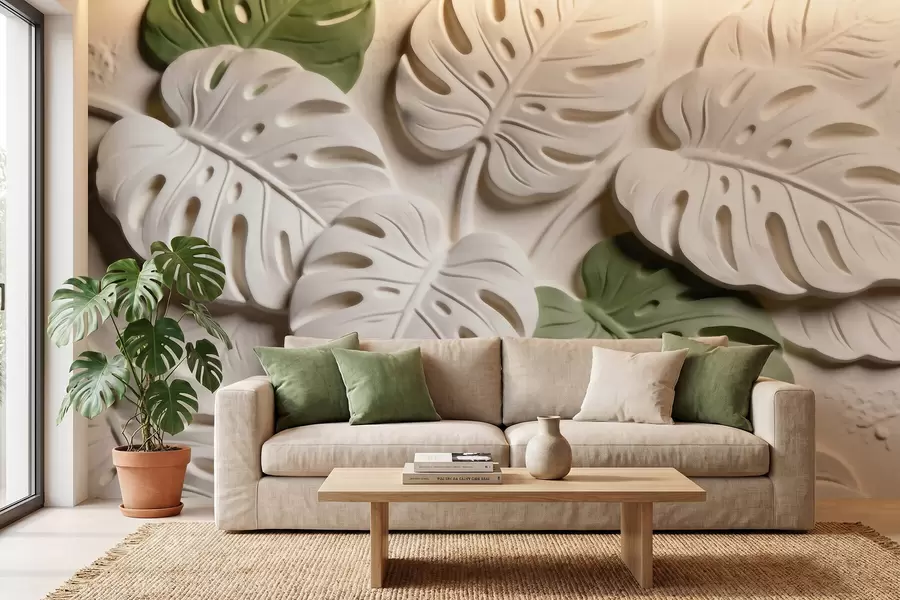 Fototapet Präglad botanisk monstera-bladmönster i kräm- och gröna nyanser w09883