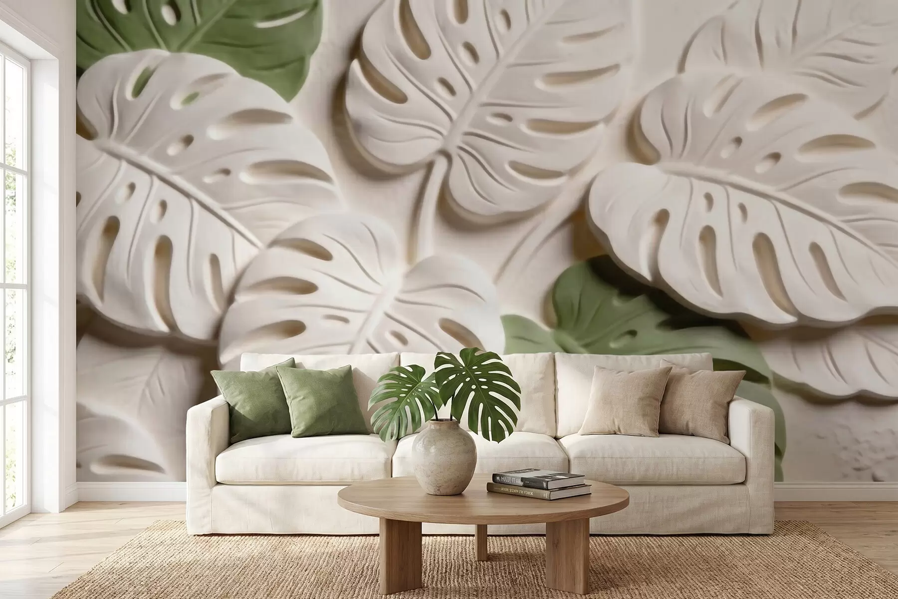 Fototapet Präglad botanisk monstera-bladmönster i kräm- och gröna nyanser w09883