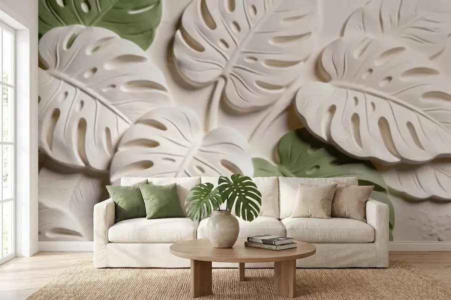 Fototapet Präglad botanisk monstera-bladmönster i kräm- och gröna nyanser w09883