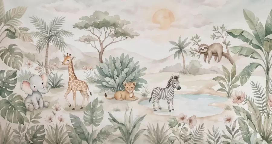Fototapet En akvarellmålning föreställande en safariscen med djur i mjuka pastellfärger, med en giraff, en elefantunge, en zebra och en lejonunge w09888