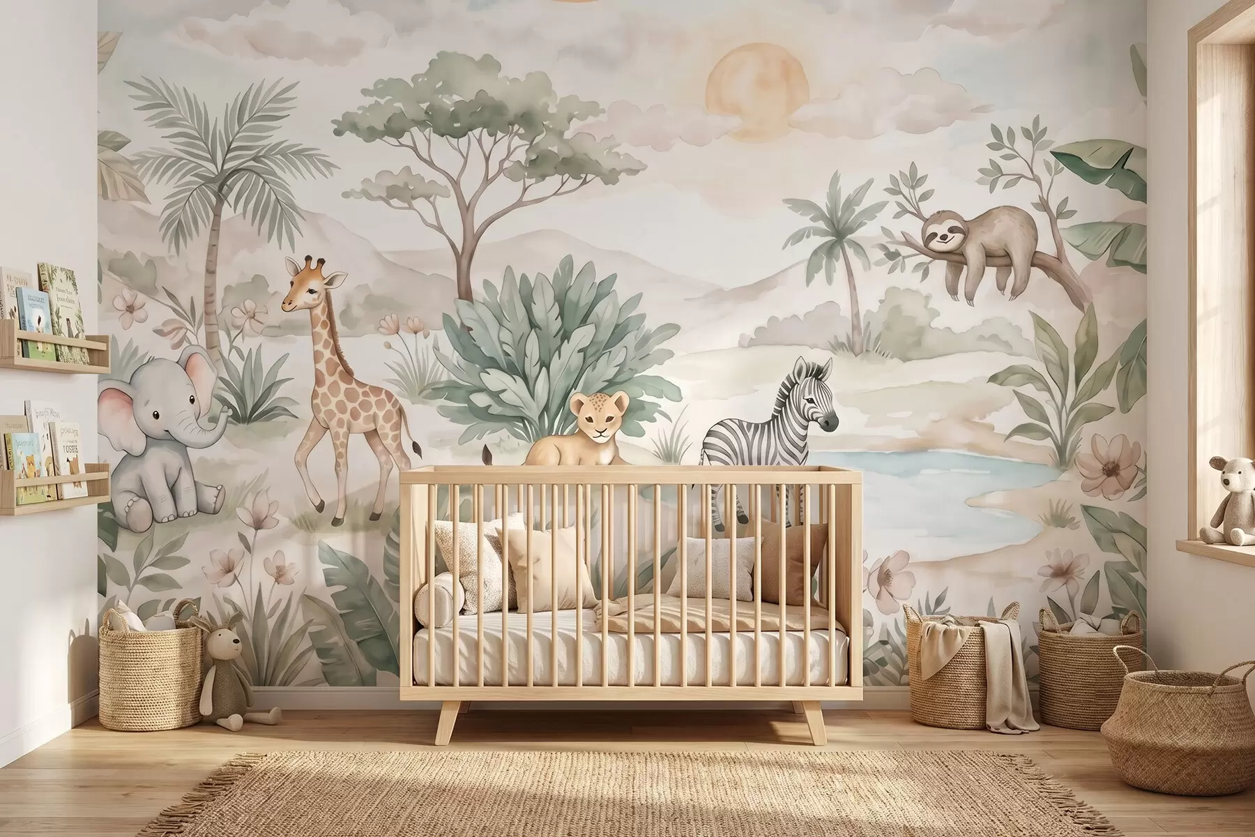 Fototapet En akvarellmålning föreställande en safariscen med djur i mjuka pastellfärger, med en giraff, en elefantunge, en zebra och en lejonunge w09888