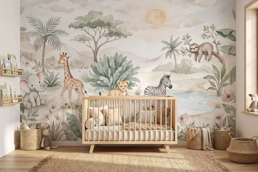 Fototapet En akvarellmålning föreställande en safariscen med djur i mjuka pastellfärger, med en giraff, en elefantunge, en zebra och en lejonunge w09888