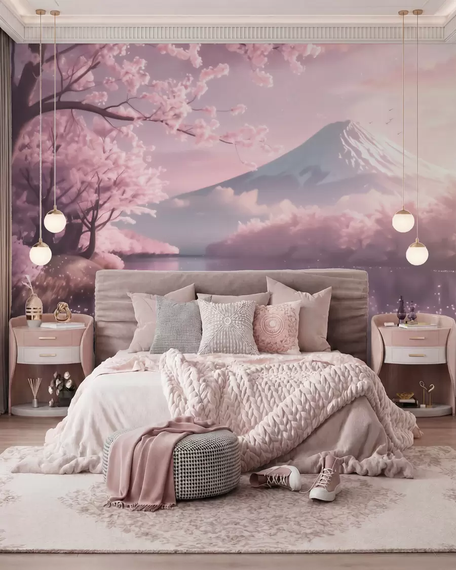 Fototapet Ett fridfullt japanskt landskap med körsbärsblommor och en bergssjö vid soluppgången w09864