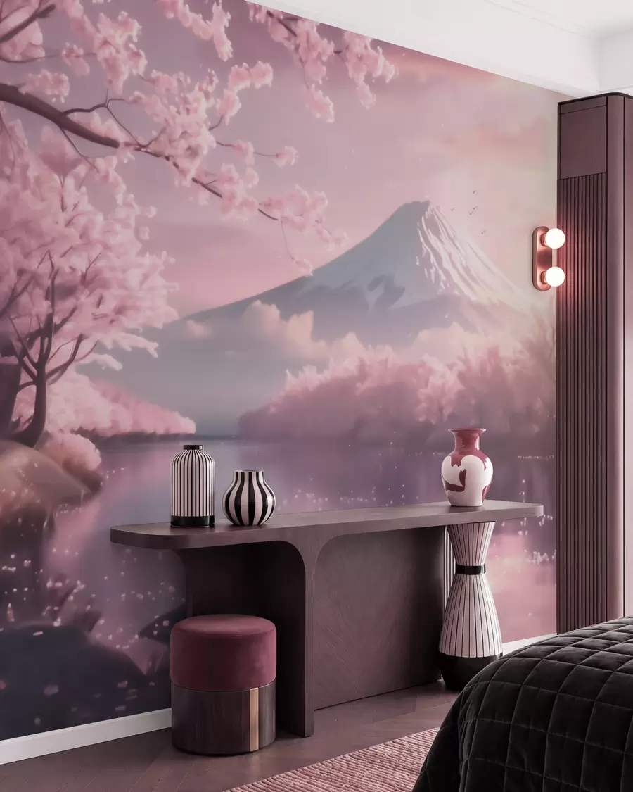 Fototapet Ett fridfullt japanskt landskap med körsbärsblommor och en bergssjö vid soluppgången w09864