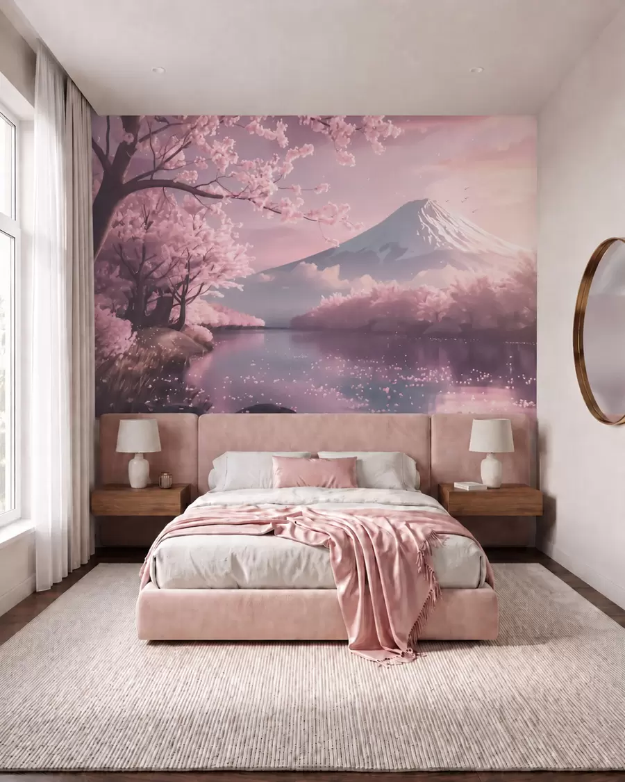 Fototapet Ett fridfullt japanskt landskap med körsbärsblommor och en bergssjö vid soluppgången w09864