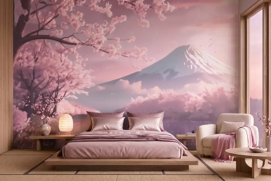 Fototapet Ett fridfullt japanskt landskap med körsbärsblommor och en bergssjö vid soluppgången w09864