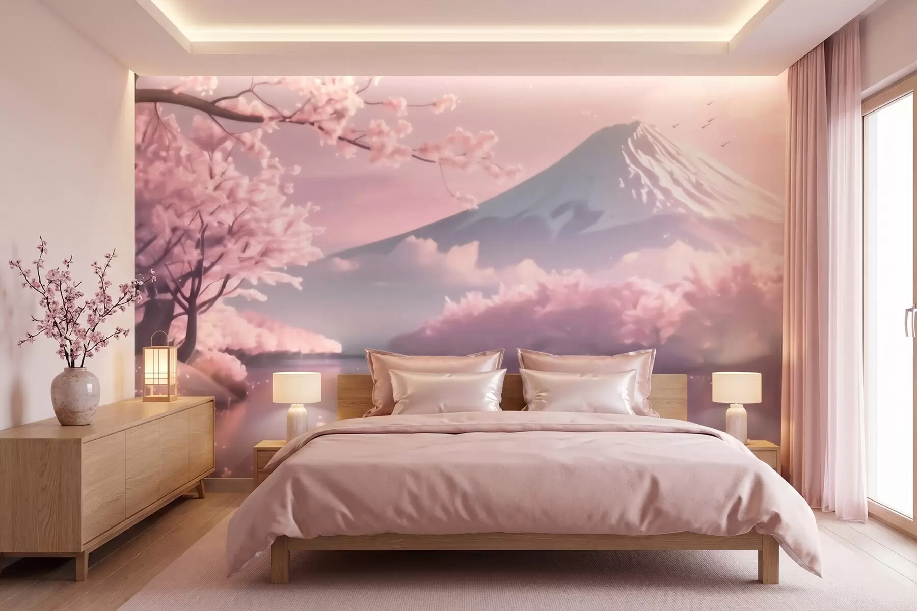 Fototapet Ett fridfullt japanskt landskap med körsbärsblommor och en bergssjö vid soluppgången w09864