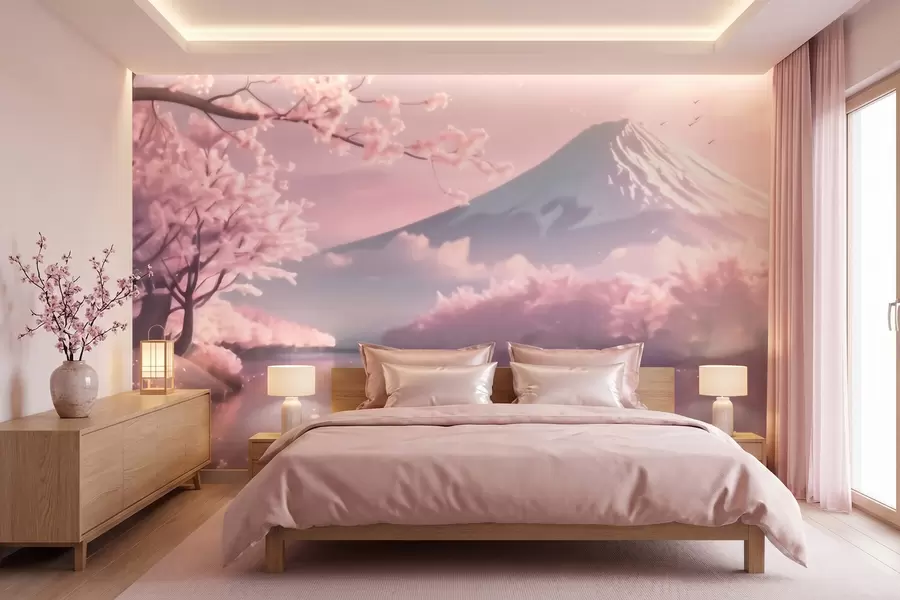 Fototapet Ett fridfullt japanskt landskap med körsbärsblommor och en bergssjö vid soluppgången w09864