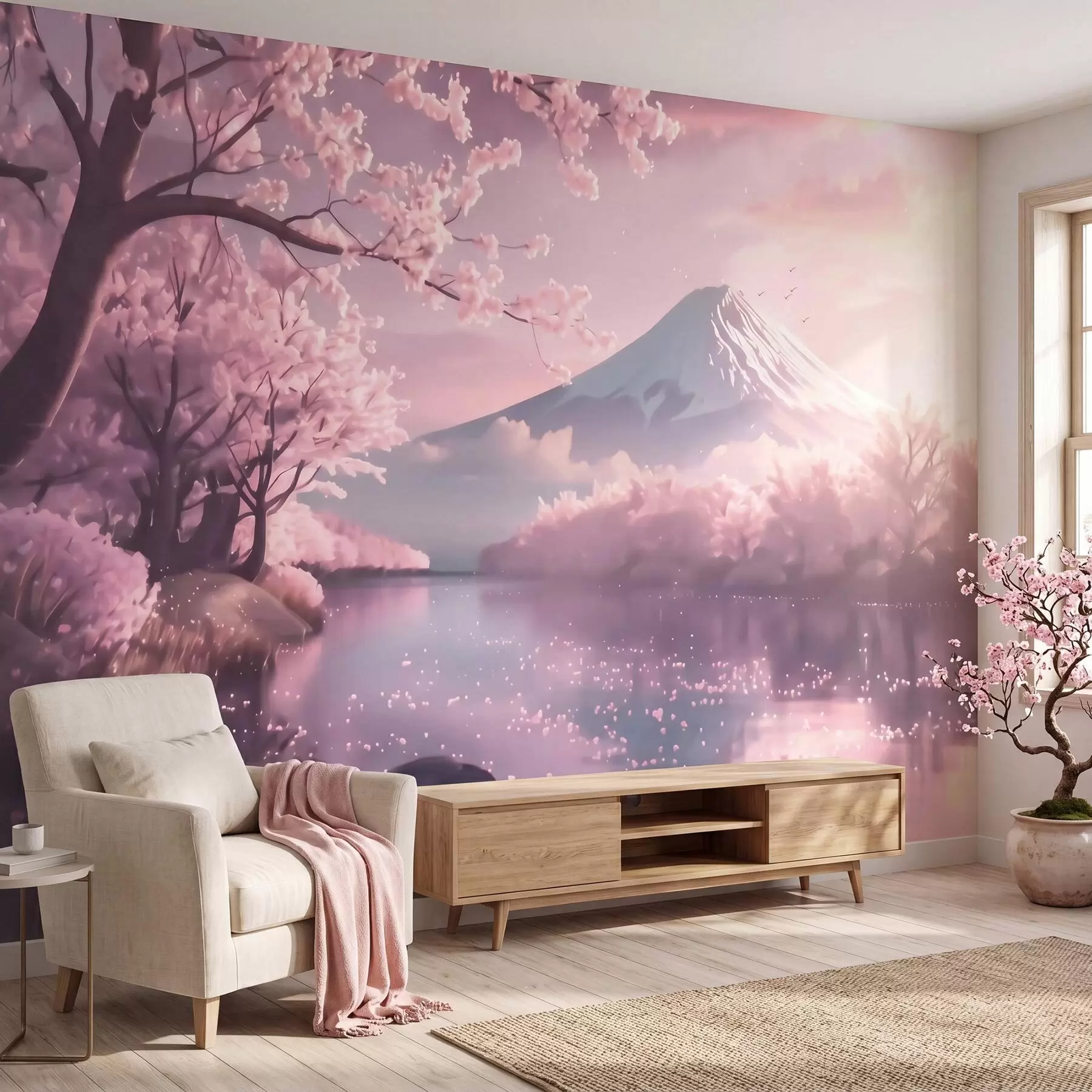 Fototapet Ett fridfullt japanskt landskap med körsbärsblommor och en bergssjö vid soluppgången w09864