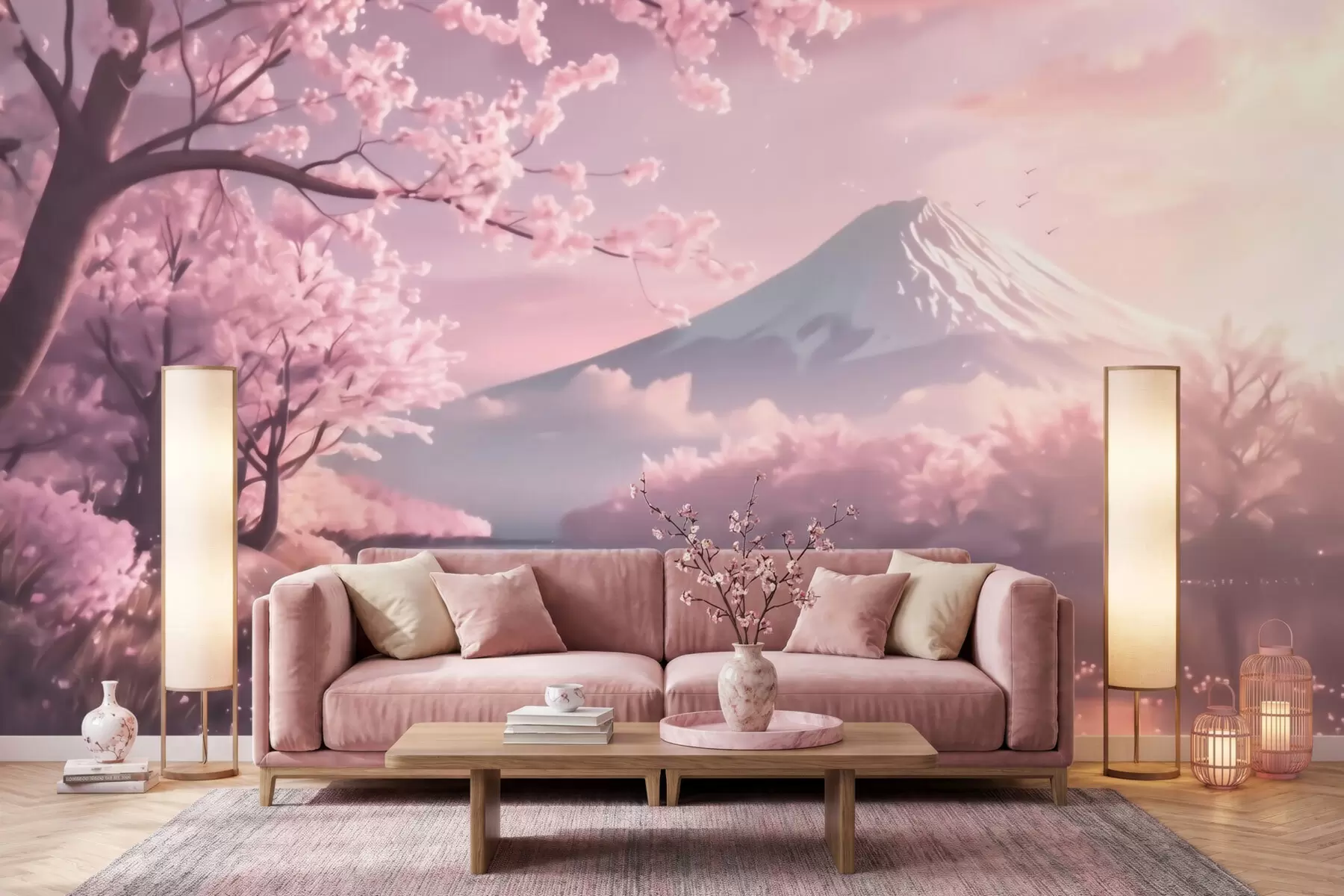 Fototapet Ett fridfullt japanskt landskap med körsbärsblommor och en bergssjö vid soluppgången w09864