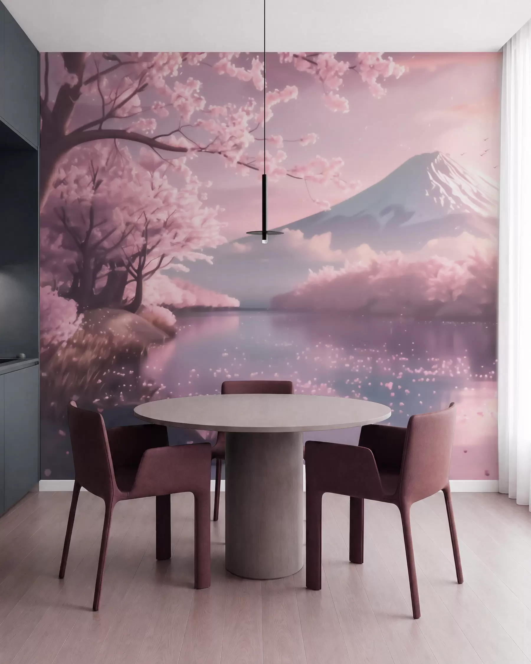 Fototapet Ett fridfullt japanskt landskap med körsbärsblommor och en bergssjö vid soluppgången w09864