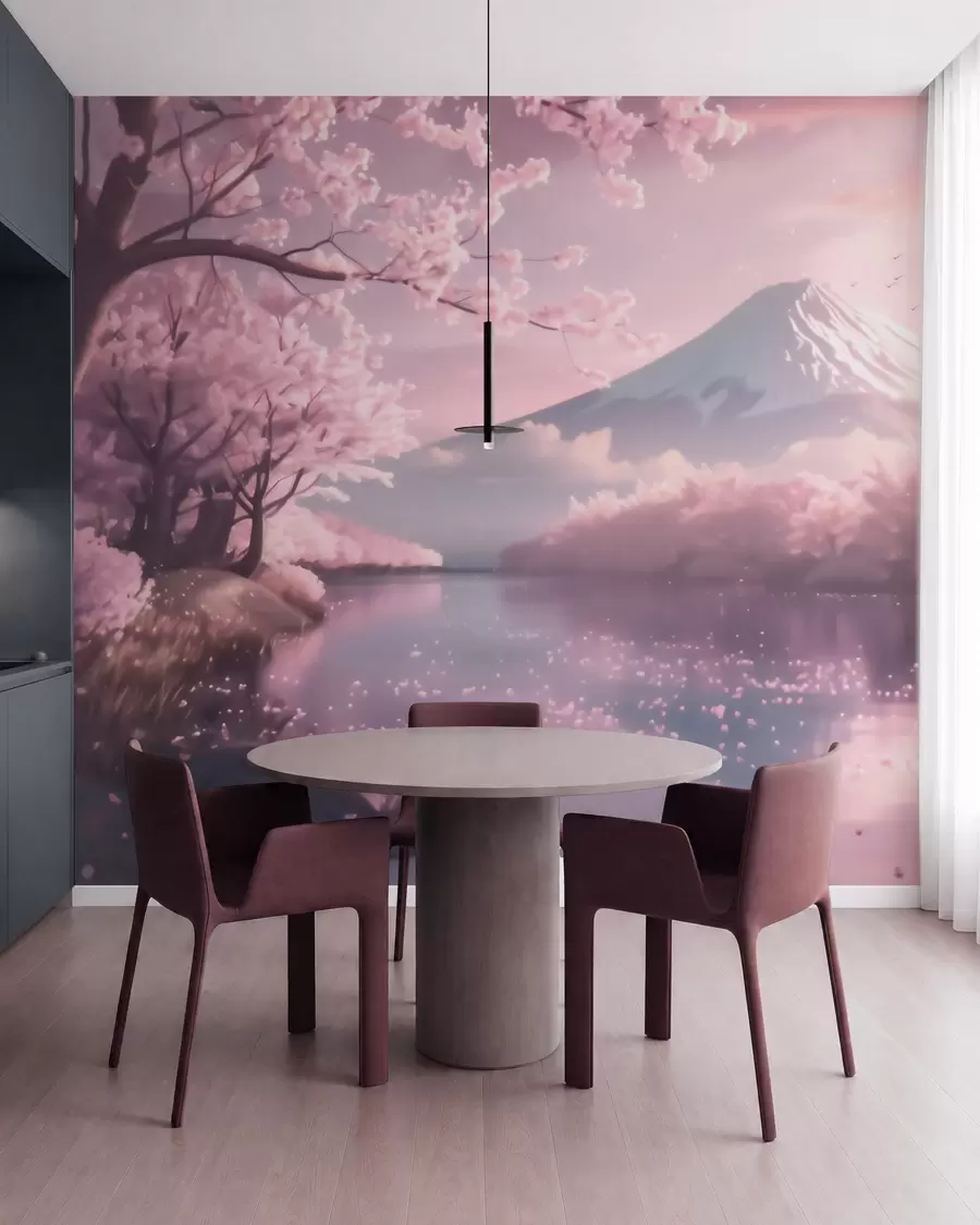 Fototapet Ett fridfullt japanskt landskap med körsbärsblommor och en bergssjö vid soluppgången w09864
