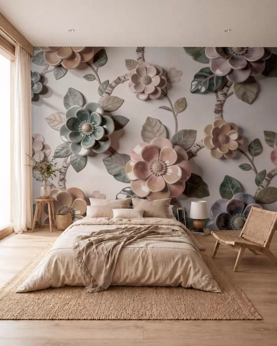 Fototapet Tredimensionella keramikblommor i en mjuk pastellfärgskala w09887