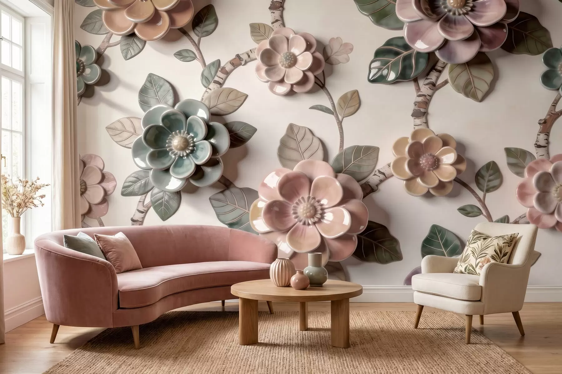 Fototapet Tredimensionella keramikblommor i en mjuk pastellfärgskala w09887