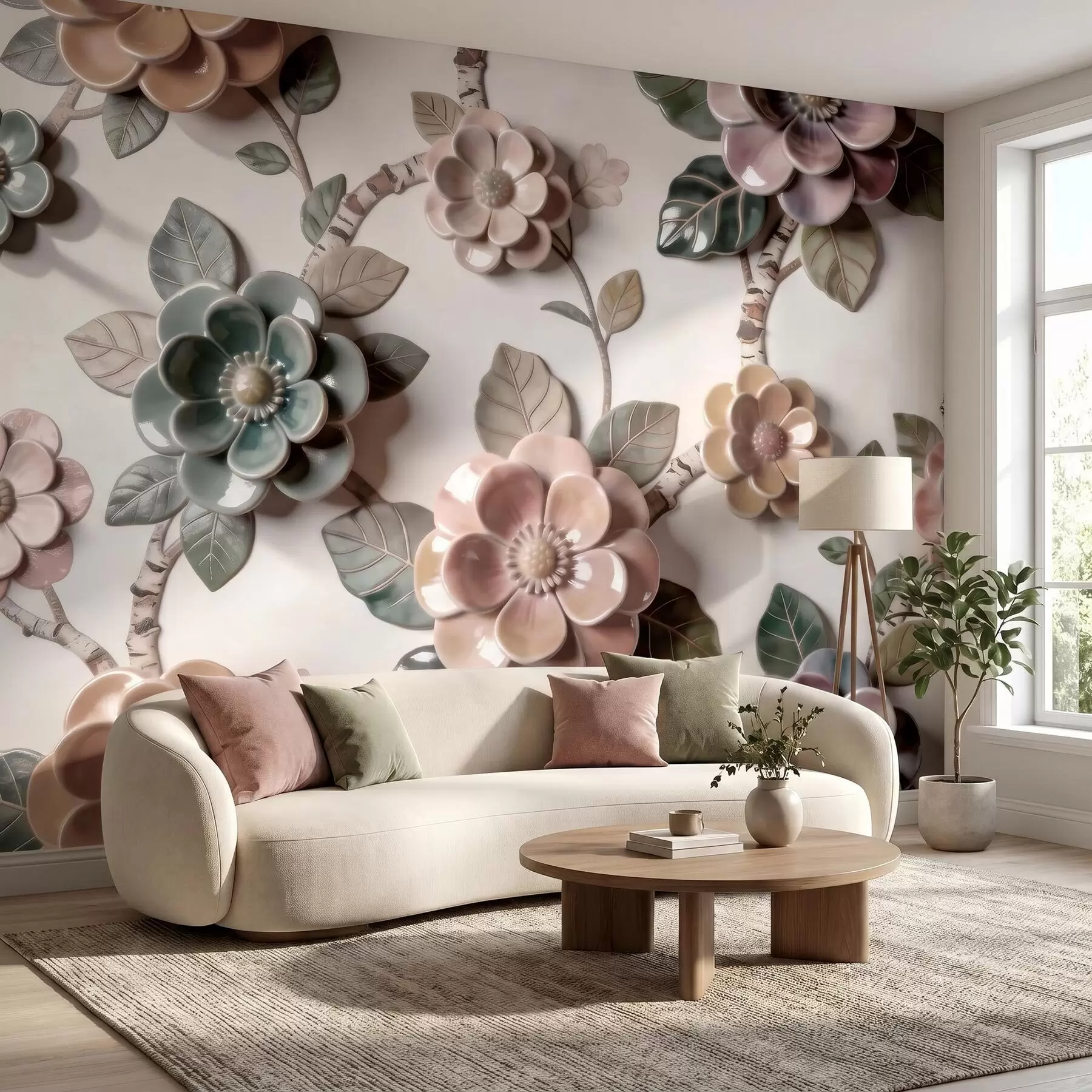 Fototapet Tredimensionella keramikblommor i en mjuk pastellfärgskala w09887