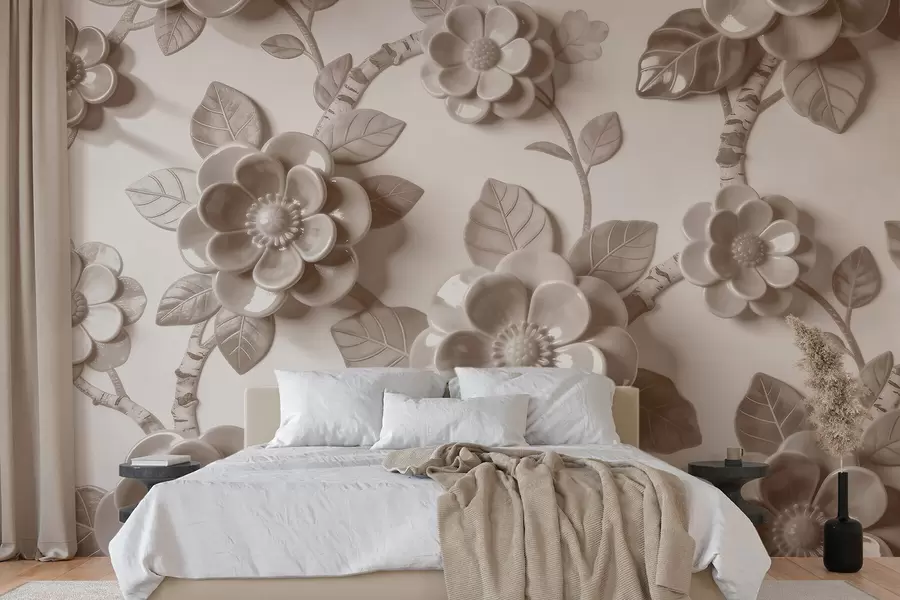 Fototapet Elegant beige blomsterarrangemang med skulpterade tredimensionella blommor w09887v1