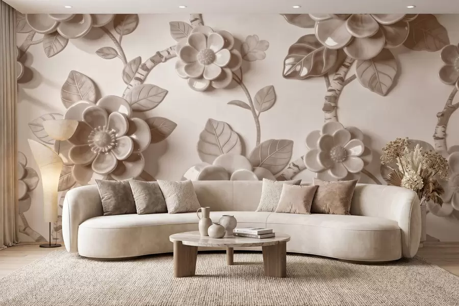 Fototapet Elegant beige blomsterarrangemang med skulpterade tredimensionella blommor w09887v1