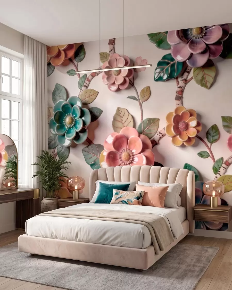 Fototapet Tredimensionella keramiska blommor och blad i en livfull färgskala w09887v2