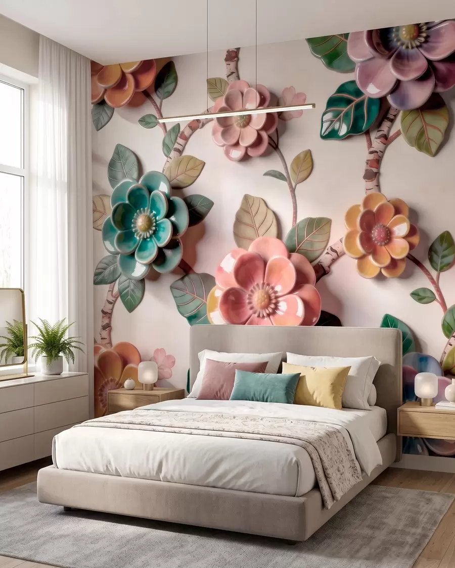Fototapet Tredimensionella keramiska blommor och blad i en livfull färgskala w09887v2