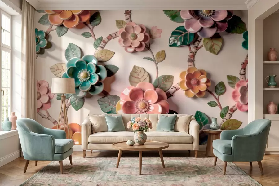 Fototapet Tredimensionella keramiska blommor och blad i en livfull färgskala w09887v2
