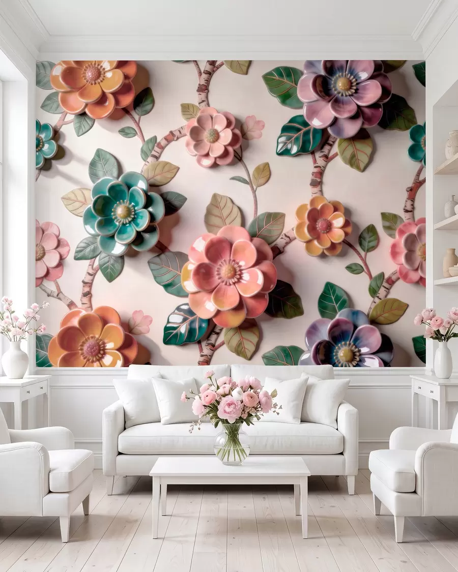 Fototapet Tredimensionella keramiska blommor och blad i en livfull färgskala w09887v2
