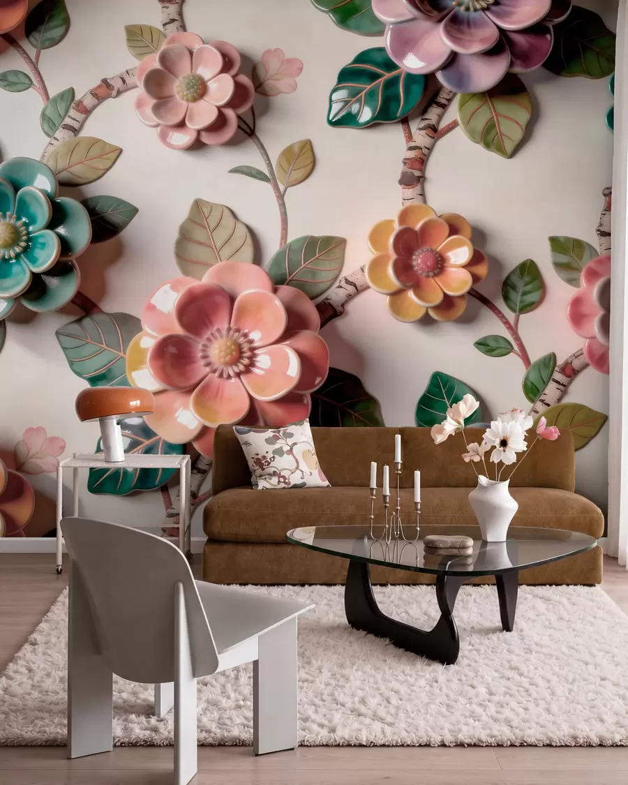 Fototapet Tredimensionella keramiska blommor och blad i en livfull färgskala w09887v2