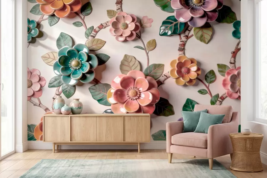 Fototapet Tredimensionella keramiska blommor och blad i en livfull färgskala w09887v2