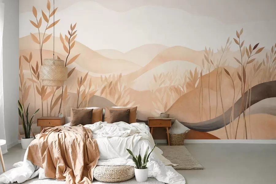 Fototapet Abstrakt landskapsmålning med böljande kullar i bruna och beige nyanser, texturerad konst w09617