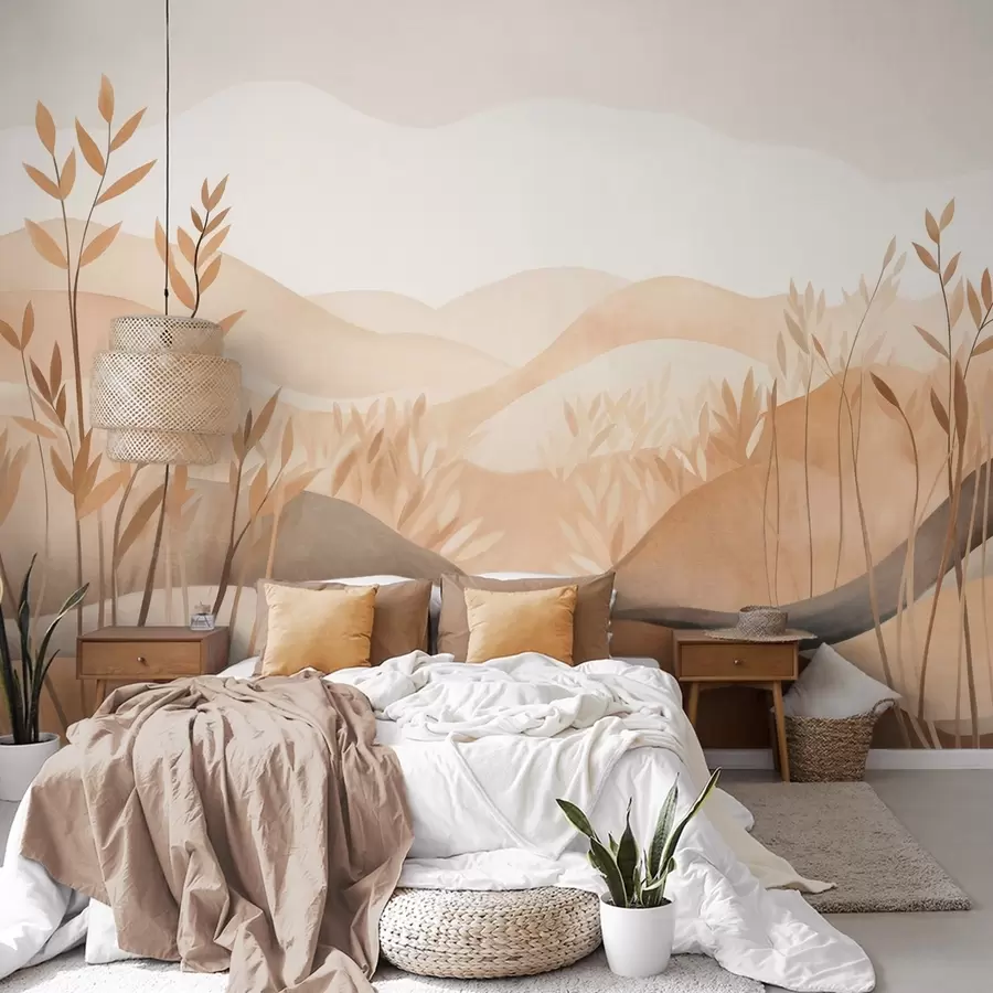 Fototapet Abstrakt landskapsmålning med böljande kullar i bruna och beige nyanser, texturerad konst w09617