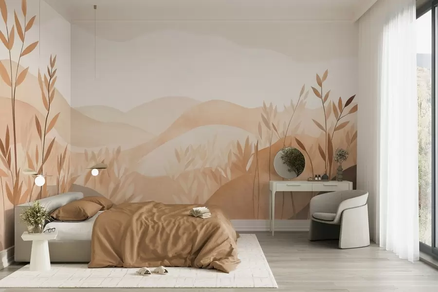 Fototapet Abstrakt landskapsmålning med böljande kullar i bruna och beige nyanser, texturerad konst w09617
