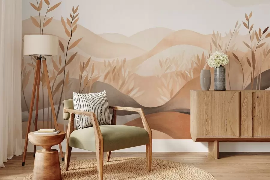 Fototapet Abstrakt landskapsmålning med böljande kullar i bruna och beige nyanser, texturerad konst w09617