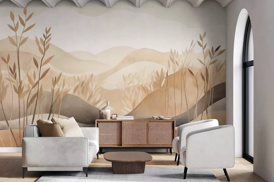 Fototapet Abstrakt landskapsmålning med böljande kullar i bruna och beige nyanser, texturerad konst w09617