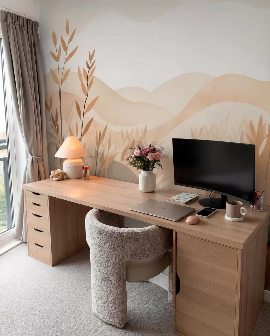 Fototapet Abstrakt landskapsmålning med böljande kullar i bruna och beige nyanser, texturerad konst w09617