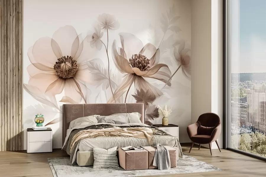 Fototapet Stora, genomskinliga blommor i sepiafärger med fina kronblad, fjäderlika blad och mindre blommor w09900