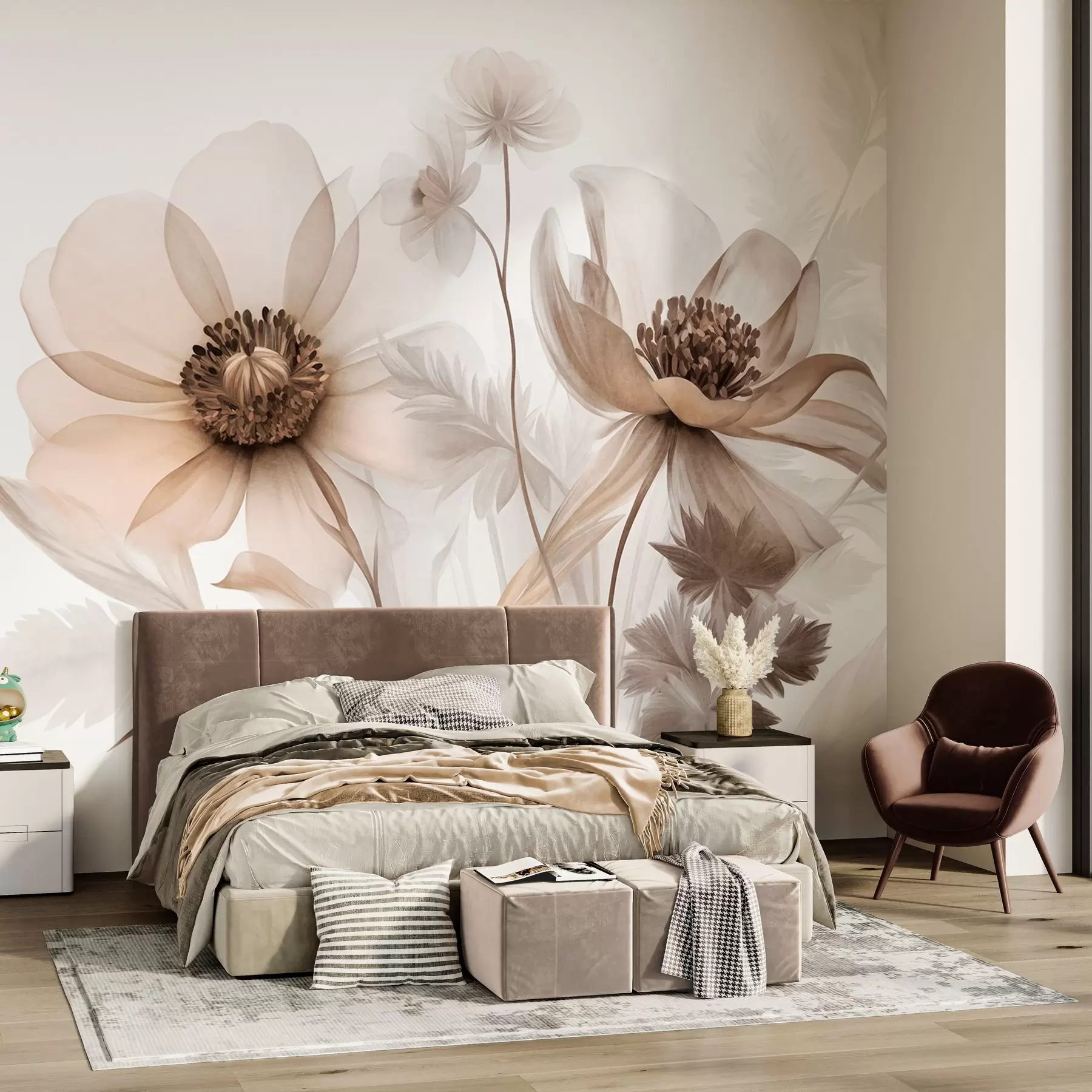 Fototapet Stora, genomskinliga blommor i sepiafärger med fina kronblad, fjäderlika blad och mindre blommor w09900