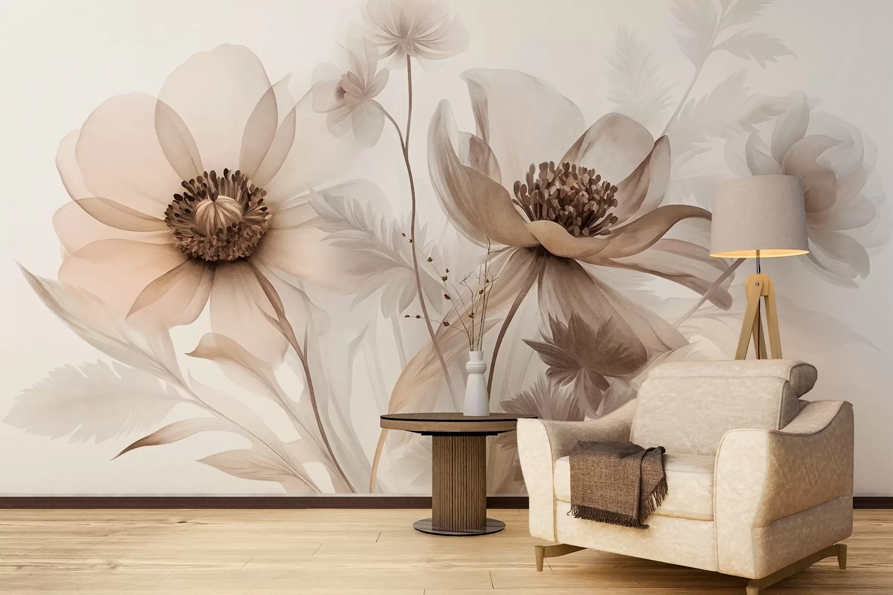 Fototapet Stora, genomskinliga blommor i sepiafärger med fina kronblad, fjäderlika blad och mindre blommor w09900